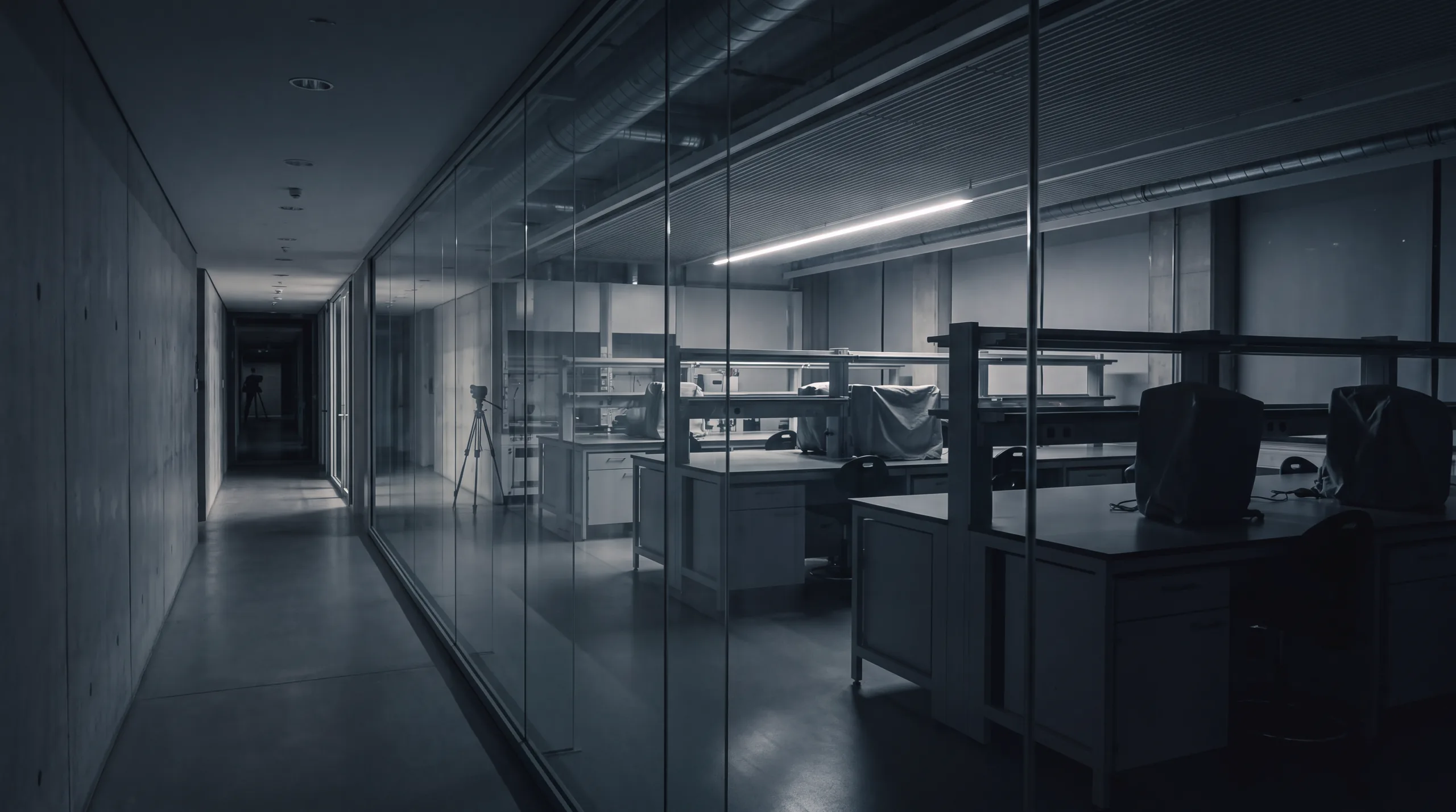 A laboratory corridor at night, glass wall opening onto rows of covered instrument benches.