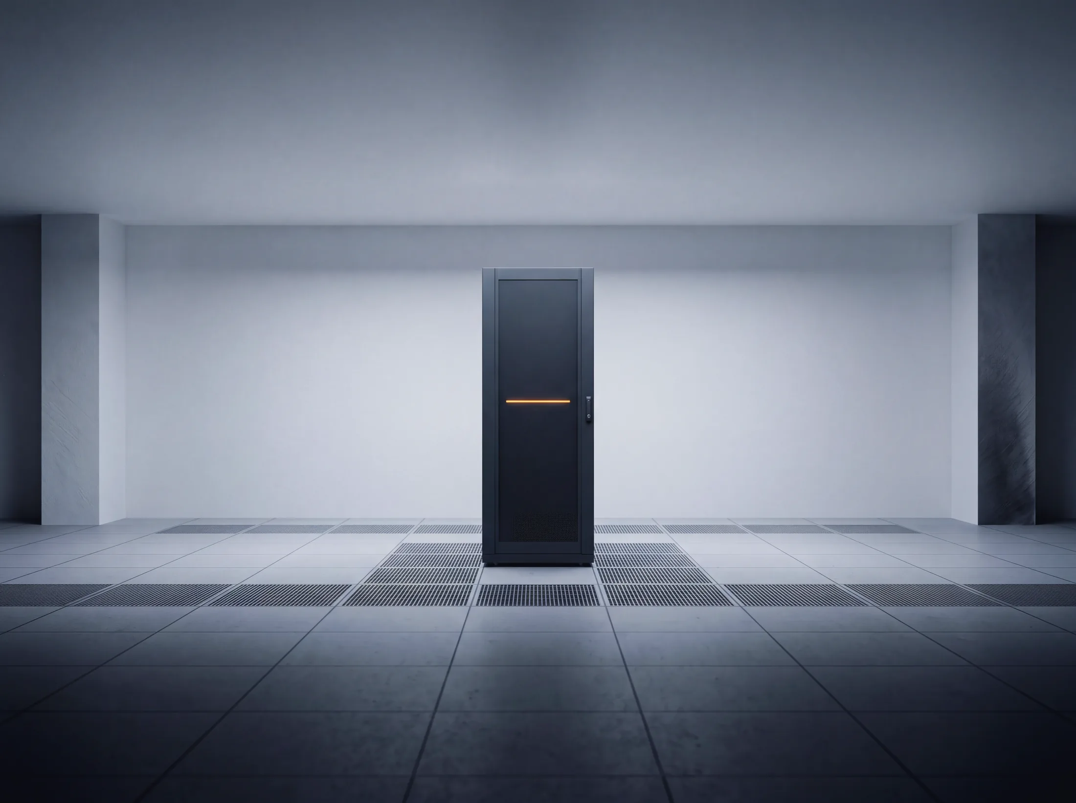A single black server cabinet standing alone in a white-walled data hall, one amber status line lit.
