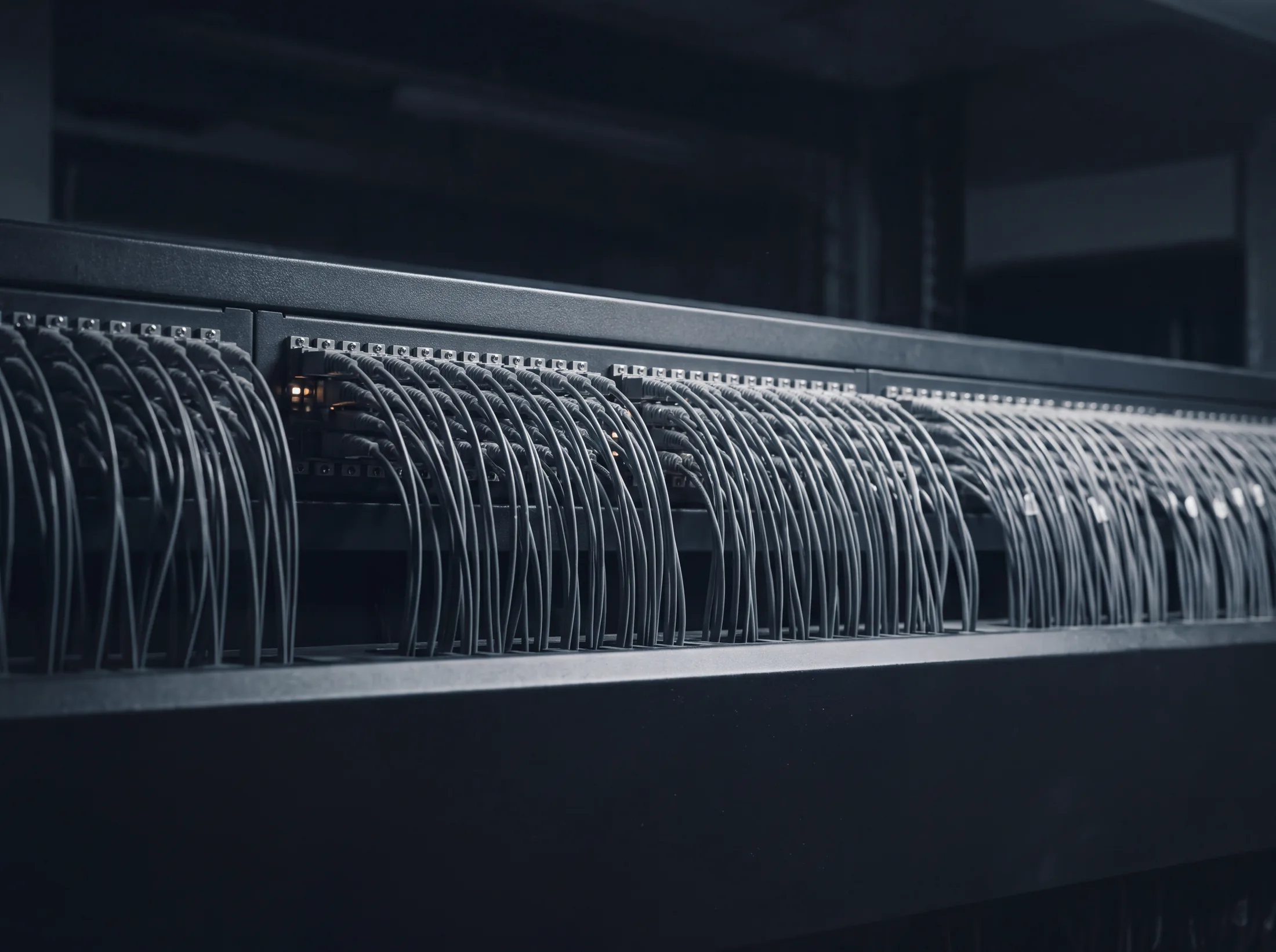 A network patch panel in close view, hundreds of cables curving in ordered ranks.