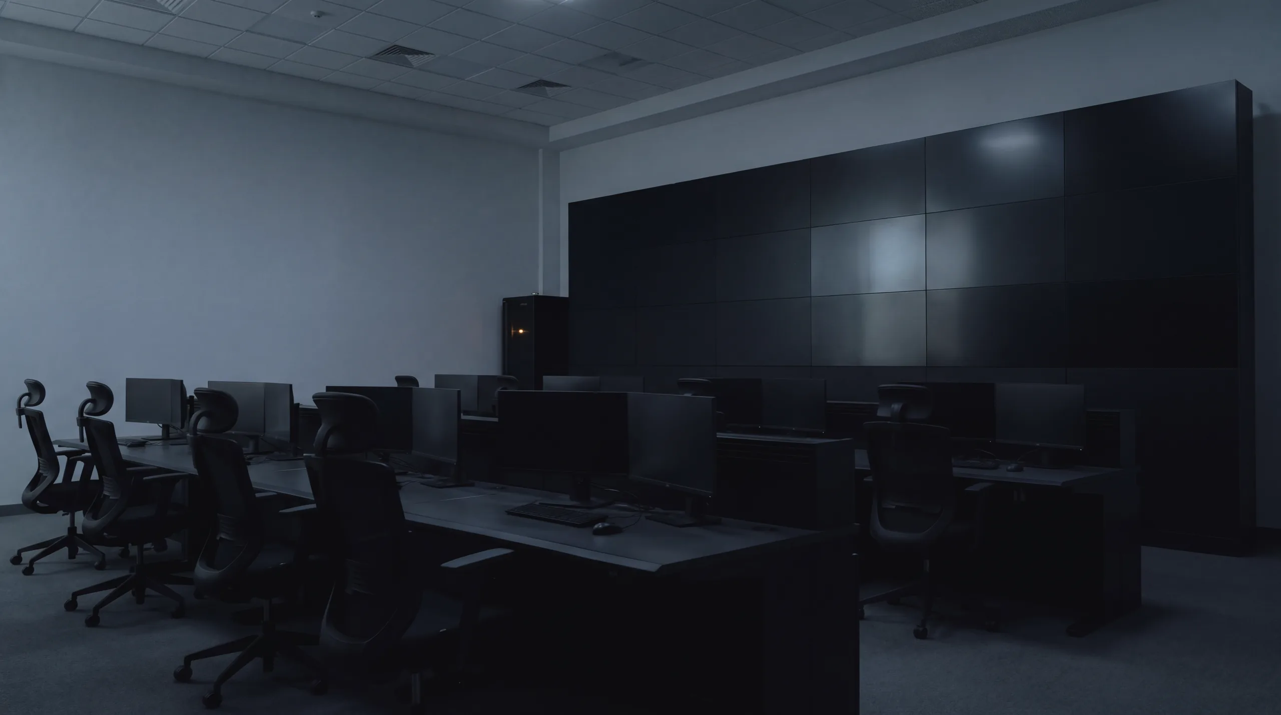 An empty operations room, monitor wall dark, chairs pushed back from the consoles.