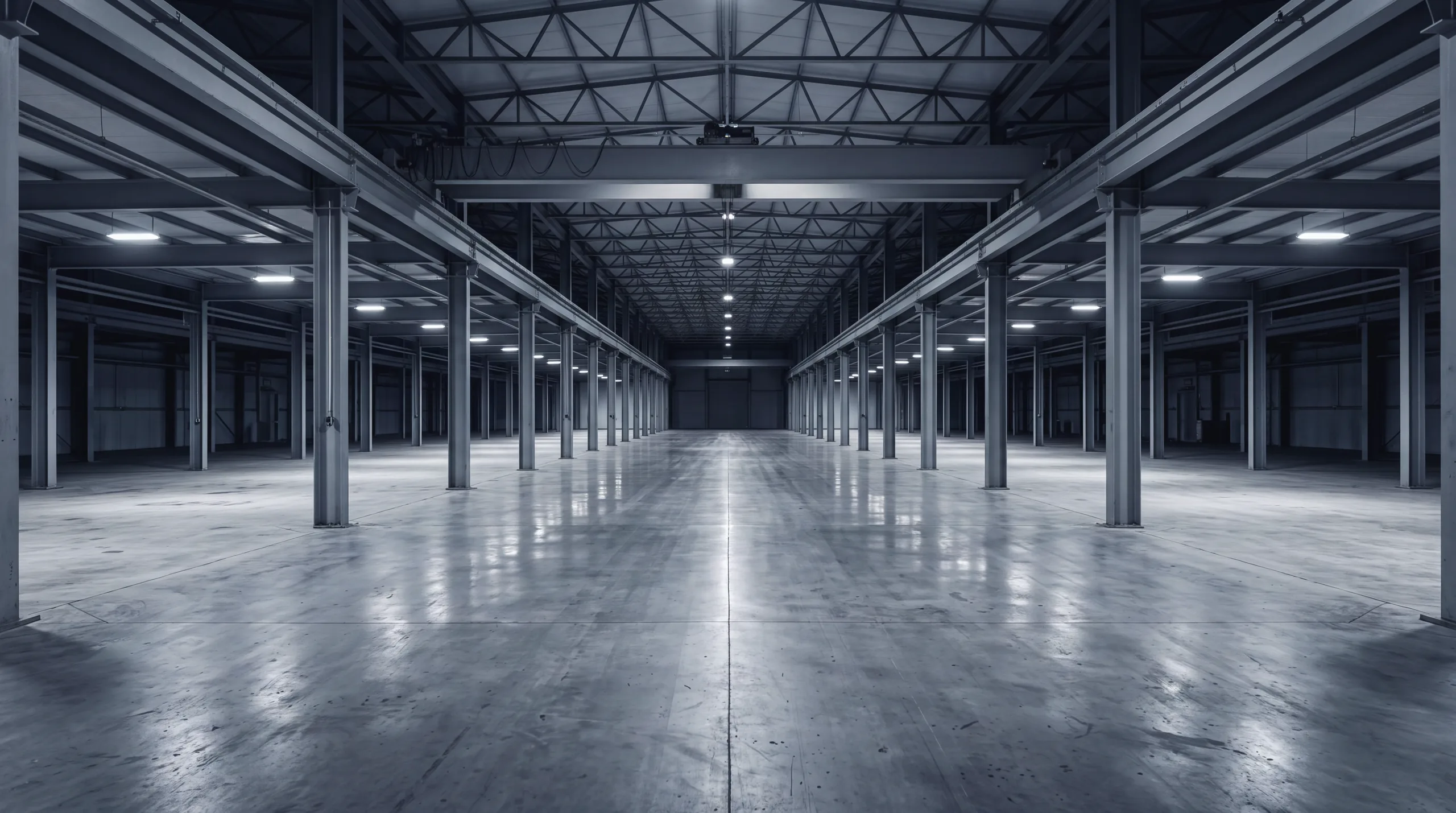 A vast empty industrial hall, steel columns receding under strips of ceiling light.