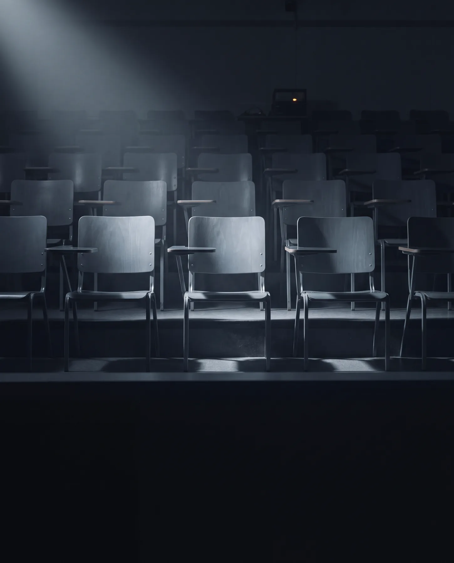 An empty lecture hall, a shaft of light falling across rows of wooden seats.