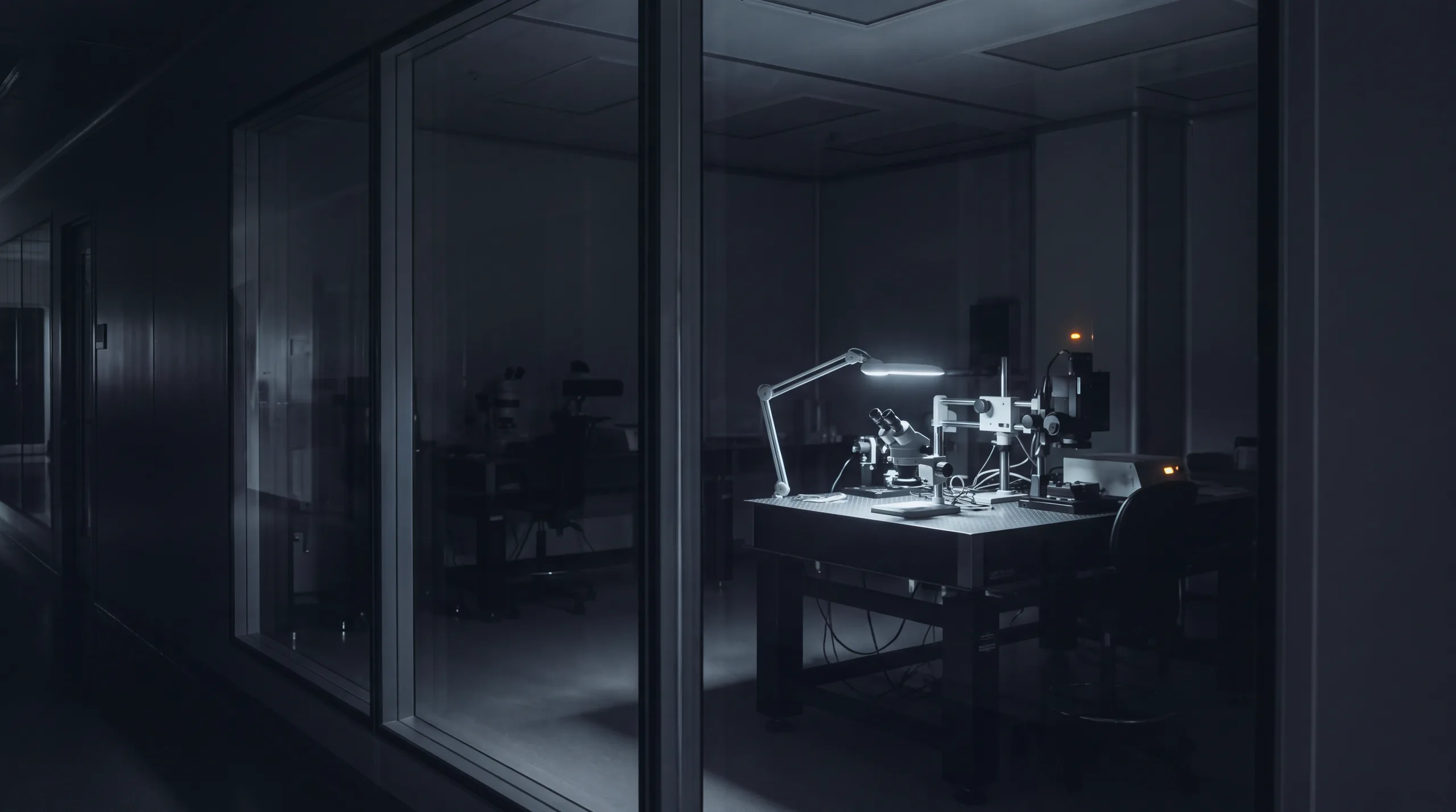 A darkened laboratory seen through glass, one microscope bench lit and waiting.
