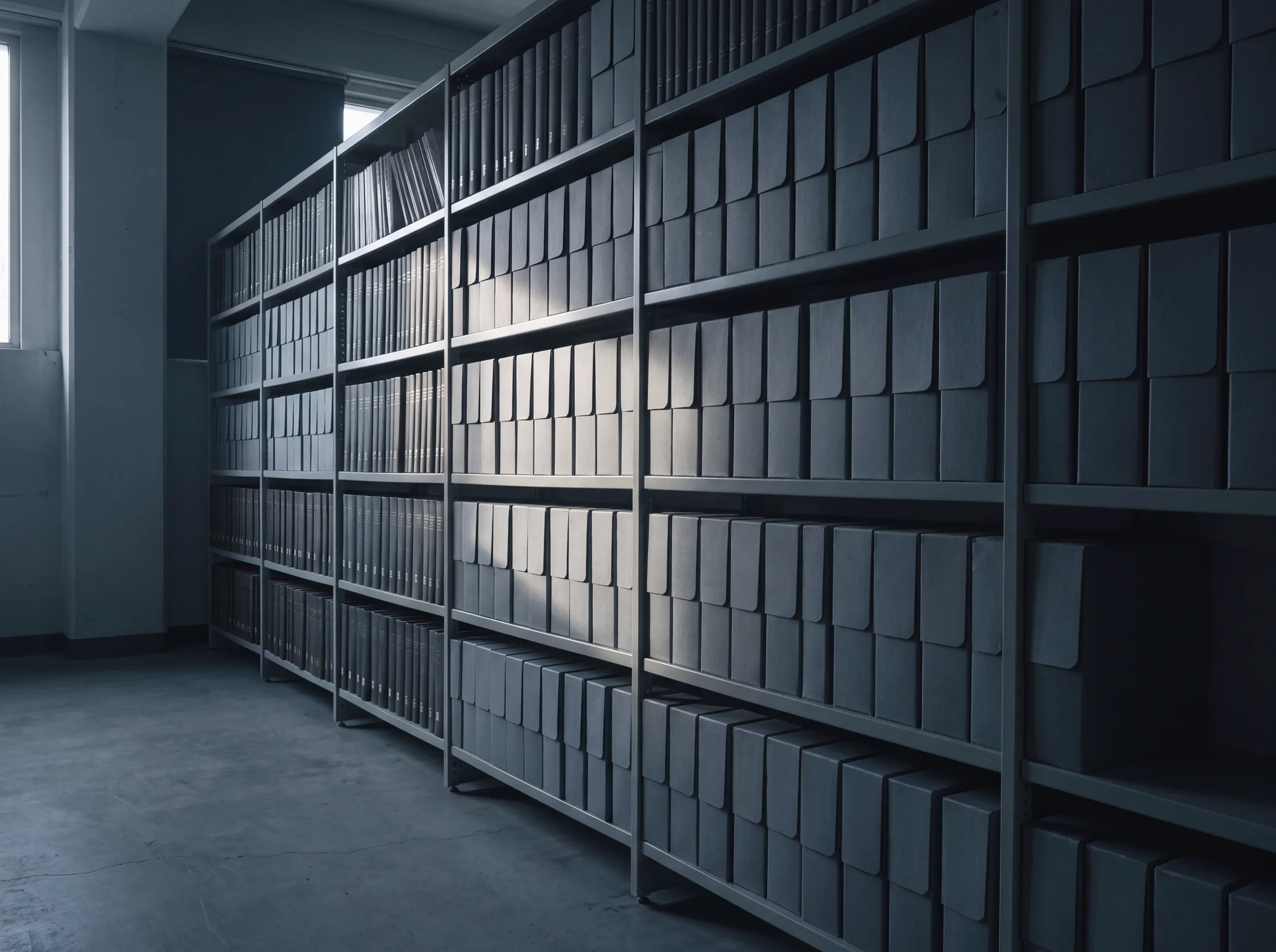 Archive shelving receding down a room, grey document boxes filed to the ceiling.