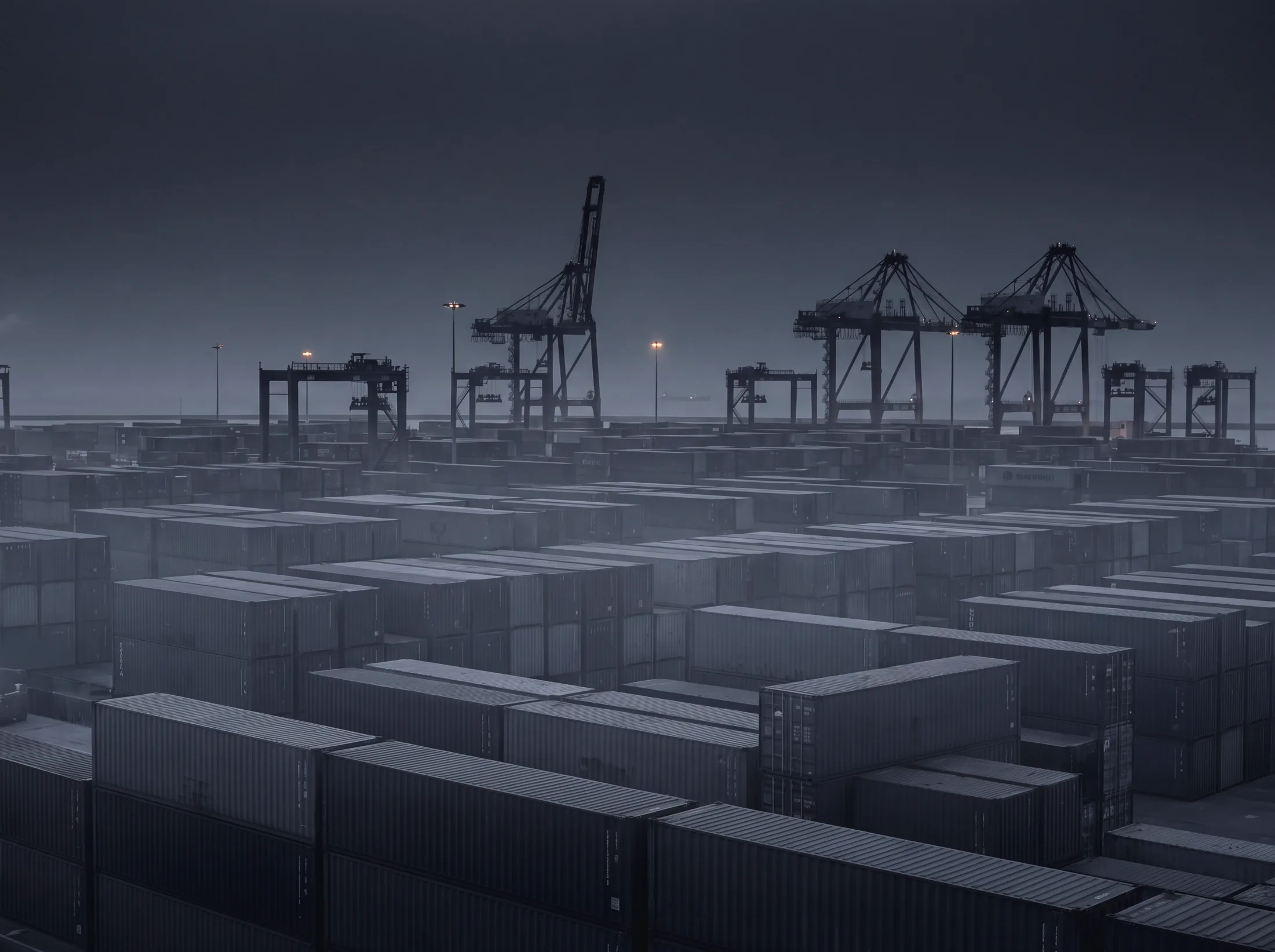 A container port before dawn, gantry cranes standing over stacked freight in mist.