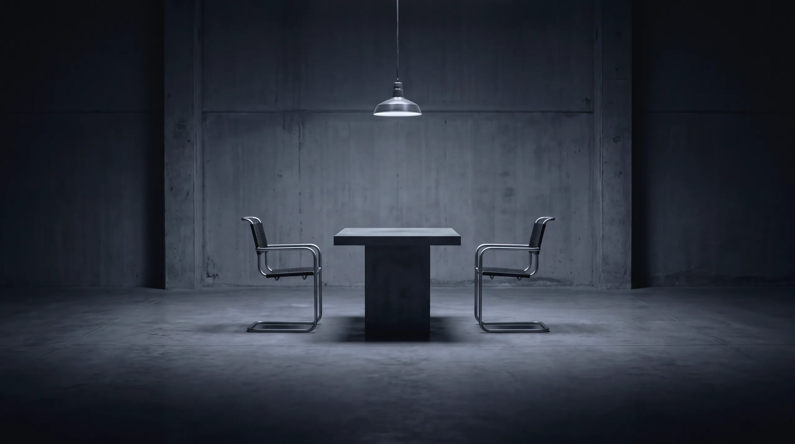 Two chairs facing each other across a bare table under a single pendant lamp.
