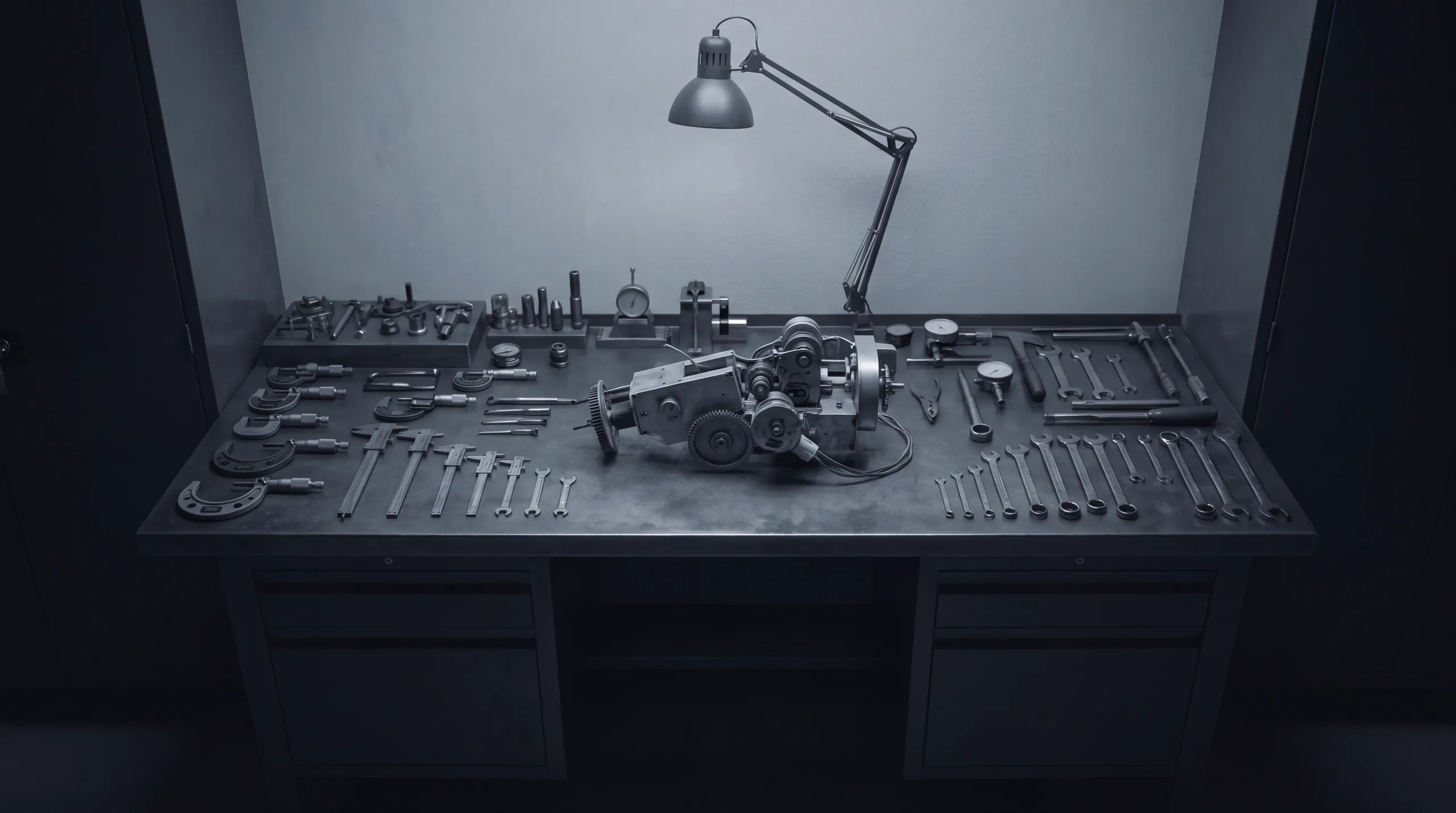A workbench with precision tools laid out in rows around a part-built mechanism.