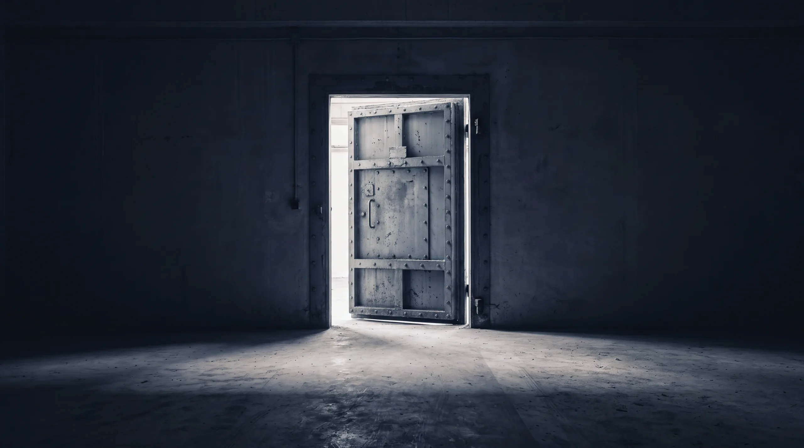 A heavy riveted steel door standing open, daylight spilling across a concrete floor.