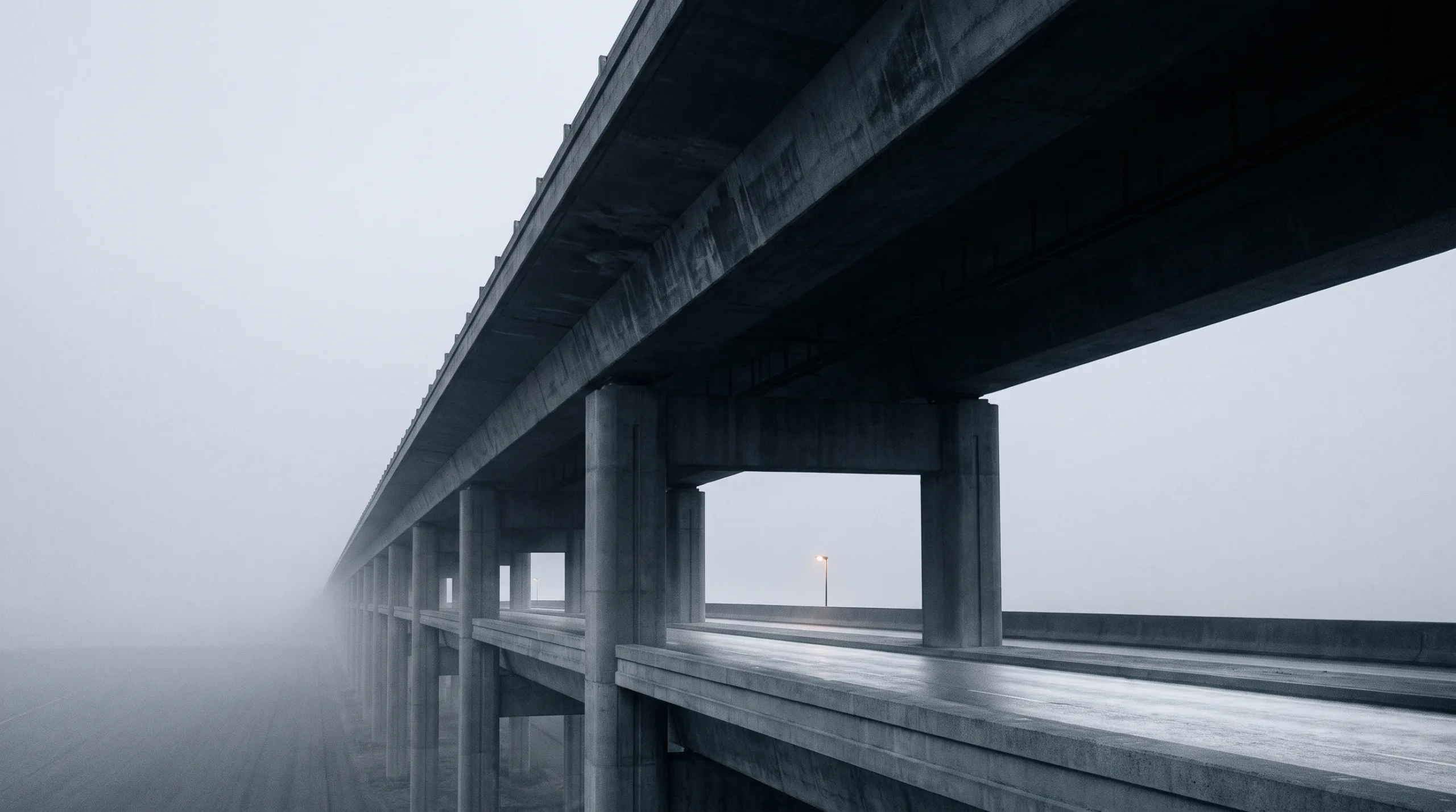 The underside of an elevated roadway receding into fog, its piers repeating into the distance.