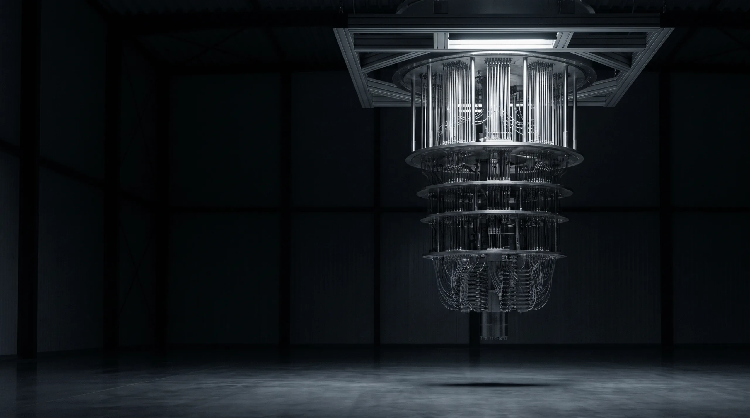 A quantum processor's dilution refrigerator suspended in a darkened hall, its stacked stages and bundled wiring lit from above.